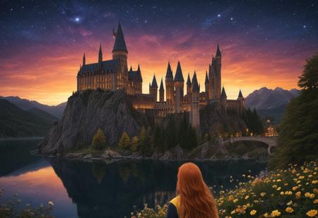 Hogwarts, Hogwarts castle, Hogwarts school, night, nighttime, stars, sunset, castle, lake, colorful, psychedelic colors, colors, forest, trees, flowers, psychedelic, Hufflepuff, Hufflepuff girl, long hair, ginger hair, Hufflepuff student, female character,