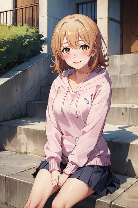 (masterpiece, best quality:1.4), looking at viewer, cowboy shot, smile, blush, iroha isshiki, short hair, hoodie, skirt, outdoors, stairs, sitting, <lora:iroha_isshiki_v1:0.7>