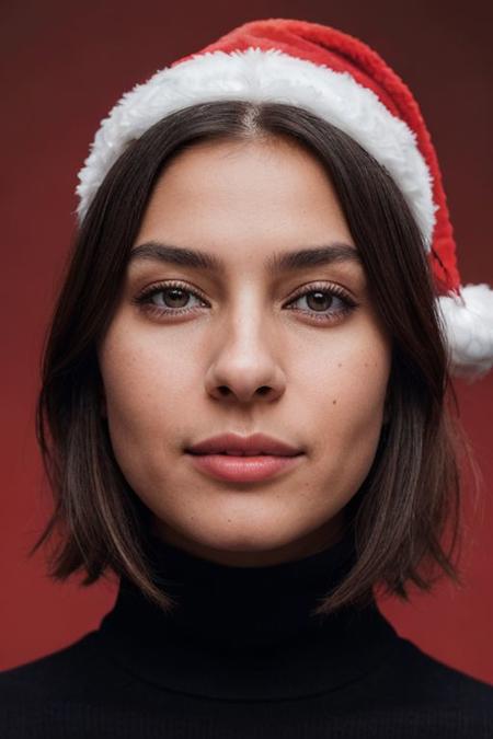 Fashion photography, half length portrait of native american woman, striking facial features, short hair, natural makeup, middle smile, wearing turtleneck sweater, Santa hat, dramatic lighting, red background, shot on Fujifilm XT3, 50mm lens, Fuji color, vivid color, fashion modeling poses, epiCRealism