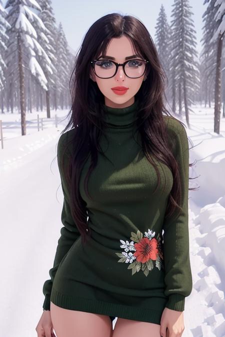 photo of <lora:sniperwolf-09:0.7>, sniperwolf, a woman with ((pale skin, thick glasses):1.2), ((cowboy shot, waist, hips, thighs):1.2),(beautiful skin, perfect skin), ((beautiful green floral pattern colorful turtleneck sweater dress, forest, snow, standing):1.2),((red lipstick, eyeliner, full makeup, eye shadow):1.2),((best quality, masterpiece, extreme details):1.2) ((detailed face, beautiful face, detailed eyes, beautiful eyes)),modelshoot style, (extremely detailed CG unity 8k wallpaper), photo of the most beautiful artwork in the world, , professional majestic (photography by Steve McCurry), 8k uhd, dslr, soft lighting, high quality, film grain, Fujifilm XT3 sharp focus, f 5.6, High Detail, Sharp focus, dramatic