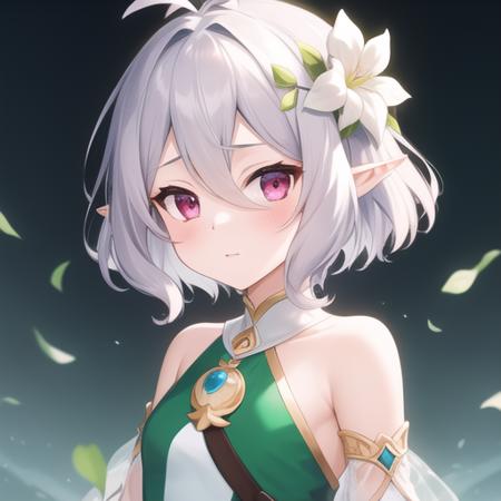 (masterpiece, best quality:1.2),illustration,8k,hd,1girl,solo,upper body,(portrait:1.2),kokkoro (princess connect!),petite,pointy ears,hair ornament,elf,hair flower,flower,short hair,grey hair,hair between eyes,antenna hair,looking at viewer,detached sleeves,dress,sandals,see-through,purple eyes,see-through sleeves,pink eyes,white flower,<lora:Kokkoro(pri)>,