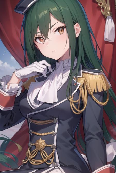 cruschkarsten, <lyco:cruschkarsten-lyco-nochekaiser:1>,
crusch karsten, long hair, hair between eyes, green hair, (brown eyes:1.4),
BREAK gloves, long sleeves, hat, jacket, boots, frills, white gloves, black footwear, uniform, military, ascot, military uniform, armband, epaulettes, white ascot,
BREAK looking at viewer, full body,
BREAK outdoors,
BREAK <lyco:GoodHands-beta2:1>, (masterpiece:1.2), best quality, high resolution, unity 8k wallpaper, (illustration:0.8), (beautiful detailed eyes:1.6), extremely detailed face, perfect lighting, extremely detailed CG, (perfect hands, perfect anatomy),