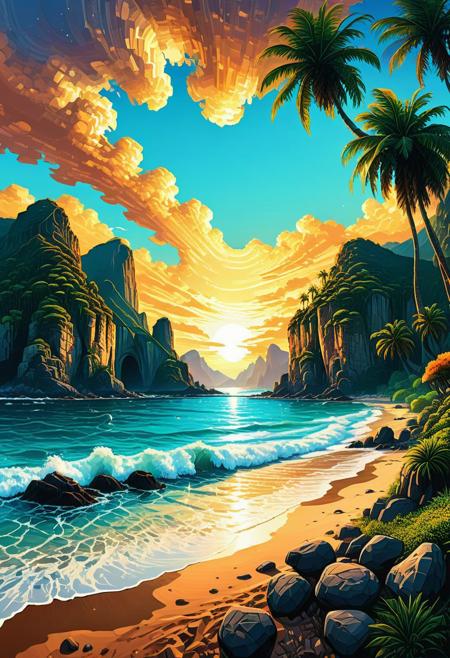 masterpiece,ASCII,8k.absurdes,intricate,maximum resolution, hyper detailed,
a beautiful panorama from inside a camper, scenery of a beautiful beach, with palm trees, sunset, mountains, rocks, cliffs,