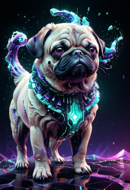 high quality,masterpiece,ultra-high resolution,incredible composition,extremely detailed, A majestic pug
in close-up, its wrinkled fur glitching with pixelated teal and violet artifacts, shimmering like a digital titan. Its curled tail pulses with digital static, radiating icy power. The background is black desert, with fragmented neon grids and cascading glitch particles in indigo and crimson. Hyper-detailed, 8K resolution, with dynamic glitching effects and a futuristic vibe. codeandigital,, c0dean0igital,, cyberw0rlds,