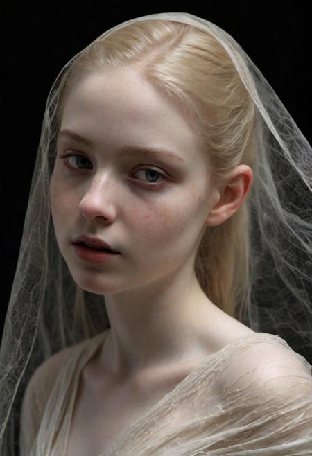 Ephemeral beauty wearing a slight gossamer wrap, 18yo 1girl, masterpiece Photorealistic, hyperrealistic, extremely fine details, goosebumps, very pale skin, very pale hair intricately styled, chiaroscuro,