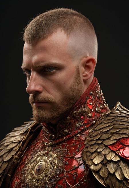 winged hussars, ornate brass stylized wings on back of man, 2 large hussar wings behind back, undercuthaircut, Photorealistic oil painting of (Handsome:1.1) (Polish) (Irish) (Slavic) (bright sapphire eyes) (half-dragon warrior-prince:1.2) with (intricate metallic red brass scales seamlessly melded into arm and neck:0.9), 18-year-old, (darkblonde undercut short hair:1.1), (medieval fantasy clothing:1.2), grimdark fantasy, (medieval) fantasy, high fantasy, epic fantasy, (upper body:1.3) (medium shot:1.3) taken with (fujifilm xt3:1.1), film grain, dark style, raking light dramatic hard shadows, (dramatic lighting:0.9), material contrast, cinematic composition, intricate details, masterpiece, visually stunning, evocative, vivid deep hues, brass, red Crystal, (body transformation:1.2), <dhevv:ds-style:rsd1.5>, realistic eyes, scaleborn, scales, undercut, royal, red armor, symmetrical armor, large nose, wide nose, wide nosebridge, tallnose, dour expression, full beard,