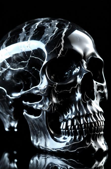 A dramatic 85mm close-up of a molten obsidian skull, with silver veins pulsating like liquid metal. The background is a void of swirling cosmic energy, reflecting in the skullâs glass-like surface. Hyper-detailed, dark fantasy surrealism, ultra-HD., <lora:add-detail-xl:1>