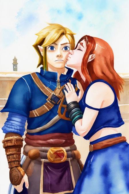(oot fanart:1.1) (arabic gerudo 1girl:1.1) tribe woman kissing (Tganondorf 1boy:1.1) on the cheek kissingcheek hetero <lora:wcolors-step00001600:0.9> watercolor painting <lora:kissingcheek:1>