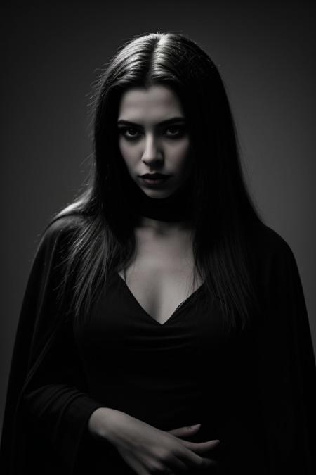 studio set photorealistic,perfect face, pitch black background, pitch black room, pitch black scenario, ((greyscale)), intense eyeliner, dark gothic romance look, pitch black gown, very beautiful woman, long pitch black hair, massive wild bodylong pitch black hair, vampira inspired by maila nurmi, like an ed wood movie, pitch black withered cape, very aristocratic noble pose, view slightly from the side, extreme close-up only to face with very intensive eyes