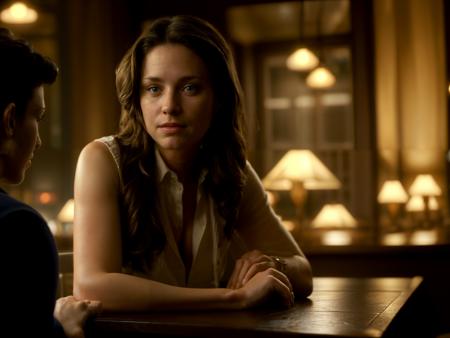 davidfincher,masterpiece, a woman sitting at a table with a drink,highly detailed,soft lighting,volumetric lighting,film grain,cinematic