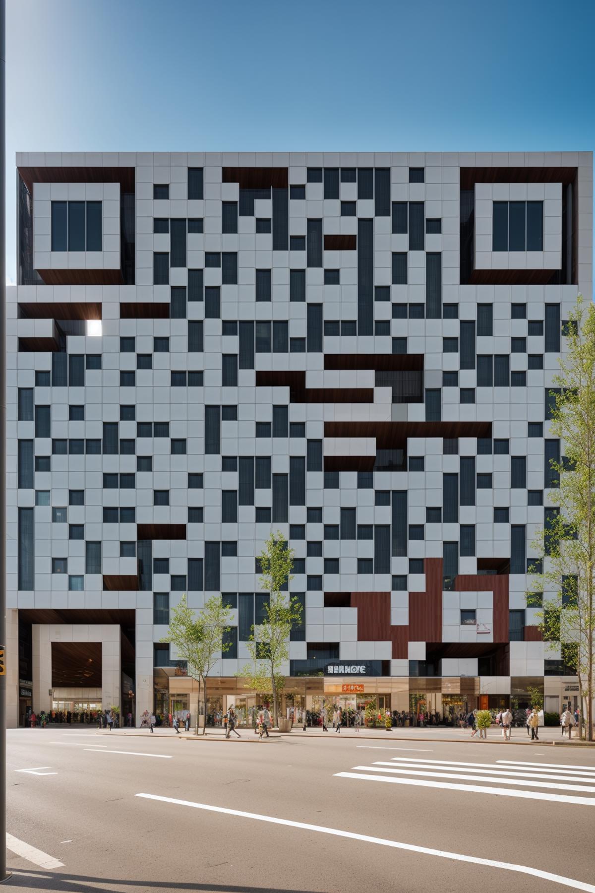 A busy city street with a large building featuring a QR code on its side.