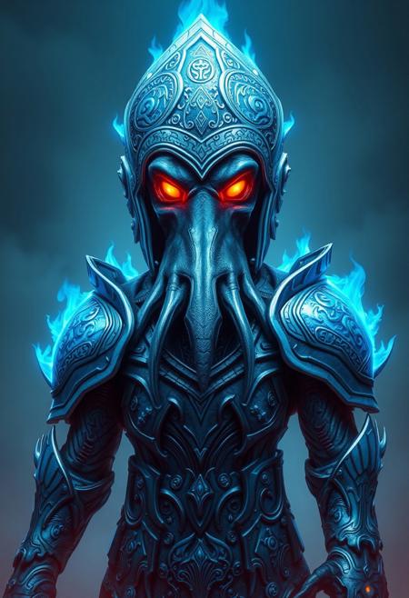 A majestic, planet destroying squid stands proudly, its entire body encased in a magnificent, magic blue flaming armor set. The armor seems to be forged from the very essence of the ocean itself, its plates and scales shimmering with a deep, iridescent blue light. The squid's eyes burn with an intensity that seems to pierce the very soul, its gaze fixed on some unseen horizon. The armor's surface is etched with intricate, mystical runes that seem to pulse with a power that is both ancient and eternal. Every detail of the squid's anatomy is meticulously rendered, from the delicate, feathery tendrils of its mantle to the razor-sharp, serrated edges of its beak. The armor's helmet-like structure frames the squid's face, its visor glowing with a soft, blue light that seems to amplify the intensity of its gaze. The overall effect is one of breathtaking, awe-inspiring majesty, as if the very fabric of reality is about to be transformed by this aquatic avatar of power. highest-Quality, intricate details, visually stunning, Masterpiece