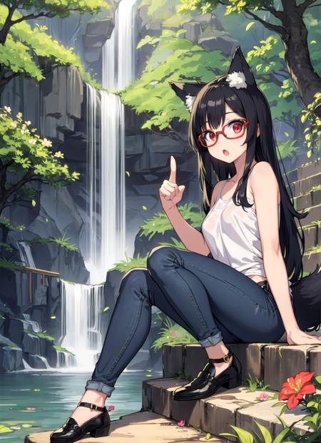 masterpiece, best quality, 1girl, black hair, red eyes, long hair, tree, stairs, sitting, looking at viewer, shoes, animal ears, tail, wolf, glasses, flower, waterfall, jeans, :o, pointing,