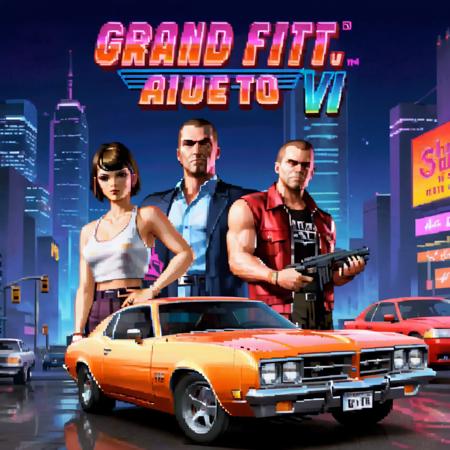 Create a vibrant title screen for a video game called 'Grand Theft Auto VI' in a city pop style. The image features a classic muscle car, gleaming under neon lights. In the foreground, a man and a woman exude a cool, confident aura, dressed in stylish, late 20th-century fashion. The cityscape in the background buzzes with life, illuminated by the glow of neon signs and streetlights, capturing the essence of city pop aesthetics. Bold, stylized text reading 'Grand Theft Auto VI' dominates the upper half of the image, while at the bottom, in a contrasting yet complementary font, the words 'Press Any Key' invite interaction,<lora:gbaplay_title:0.75>,