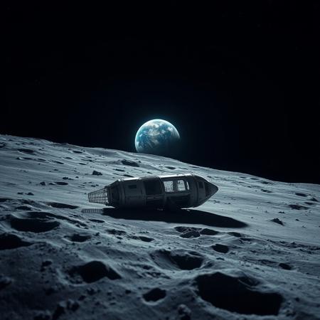Crashed spaceship in space A slow camera tilt reveals Earth rising majestically above the stark, crater-filled lunar horizon as the view transitions from the desolate gray moonscape in the foreground to the brilliant blue marble of our home planet glowing against the star-filled black void of space. .
