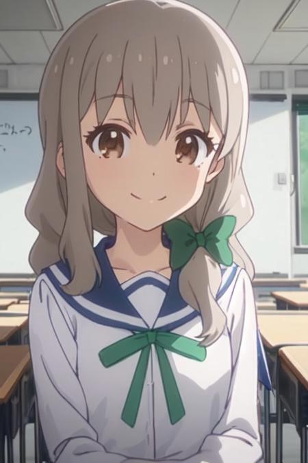 asteroid in love anime lineart, mari morino, brown eyes, long hair, gray hair, green ribbon tied in the left side of the hair, school uniform, long sleeves, thin green lace, long blue pleated skirt, black socks, brown shoes, siting on chair, classroom, looking at viewer, happy face