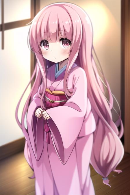 (1girl), masterpiece, best quality, absurdres, cute, extremely detailed face, perfect lighting, <lora:hakamada_hinata:0.8>, hakamada hinata, very long hair, pink hair, japanese clothes, kimono