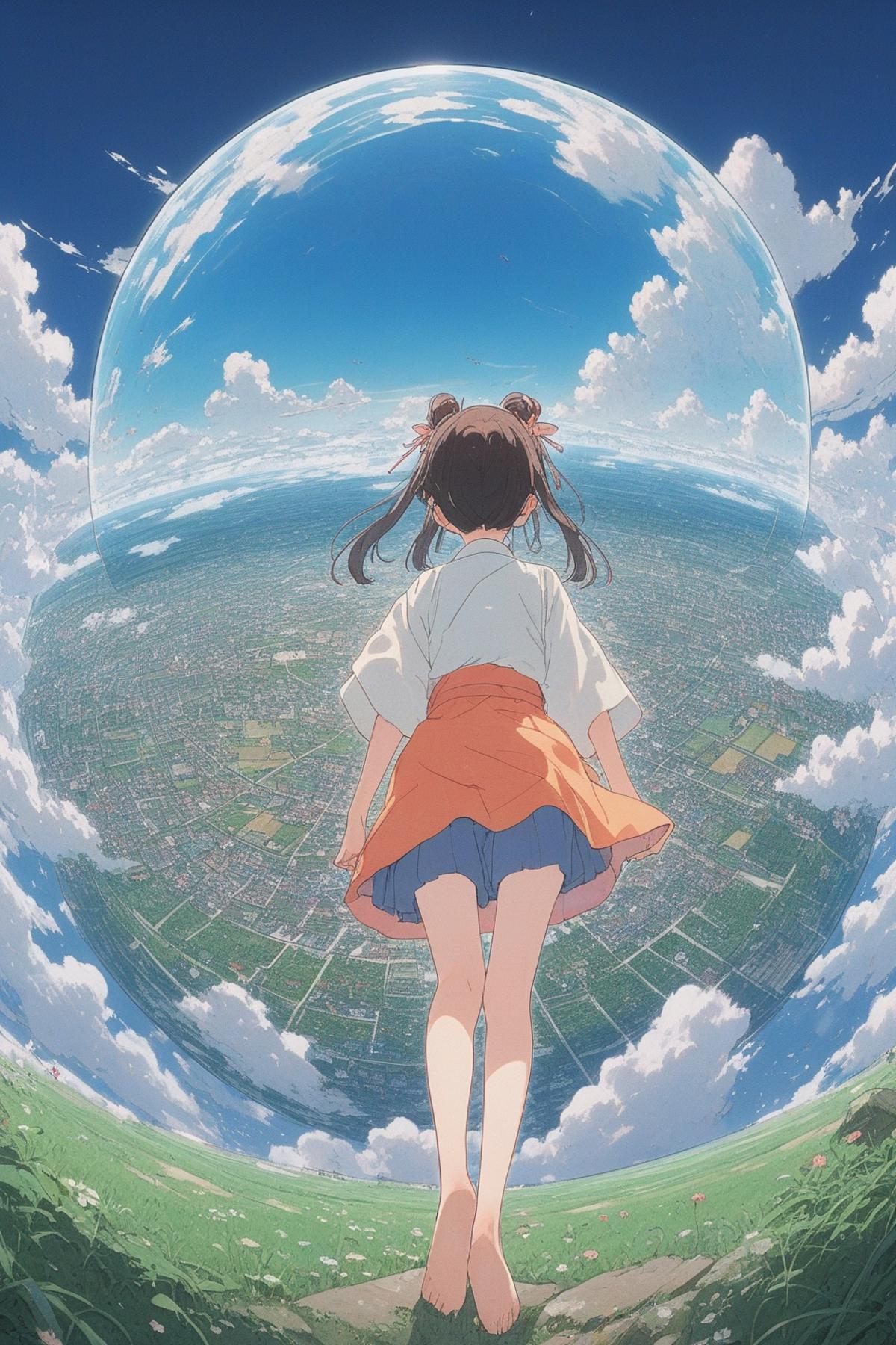 Anime girl with ponytails flying in the air with a cityscape in the background.