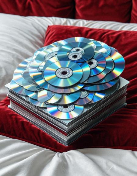 A book made of cd's , lying on a red velvet pillow <lora:CDs_SDXL:1>