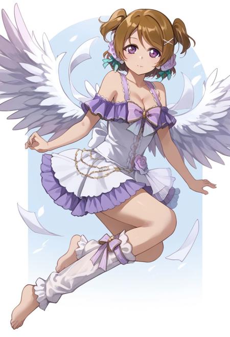 koizumi hanayo, whiteday short hair, brown hair, two side up, purple eyes, white dress, bare shoulders, cleavage, angel wings, flower, ribbon, bow barefoot, leg warmers