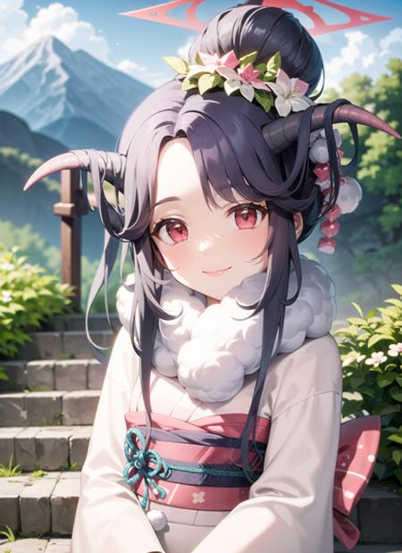 <lyco:fuuka1-000006:1.0>, fuukakim, upper body, smile, blush, outdoors, day, simple background, blue sky, sky, temple, looking at viewer, stairs, mountain, moody lighting, facing viewer,