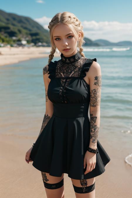 masterpiece, best quality, highres, detailed, intricate details, dutch angle, bad-girl, solo, goth girl, irezumi style, tatoo, 1girl, medium breast, slim body, perfect body, youth, bright blue eyes, short hair, blonde hair, braided hair, black frilled dress, black armbands, intricate pattern on clothes, beach background, standing, looking at viewer, hand on hip,  <lora:Gothpunkgirl:0.7>,