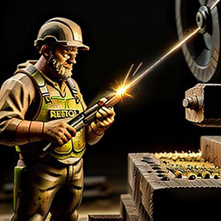 Wooden worker shooting lightning from his hands, 8k extreme detail, Outside, standing next to a metal machine, realistic, perfect, no mistakes,