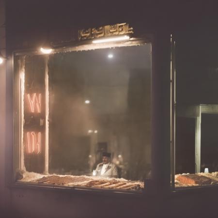 (close up portrait:1.3) of a Moroccan cat in a butcher shoppe at night by hrrzg, lit by street lights, bokeh, Ilford Delta 3200 film, depth of field, high definition, detailed, intricate, award winning criterion collection, minimalistic, open market spices, orange warm tone