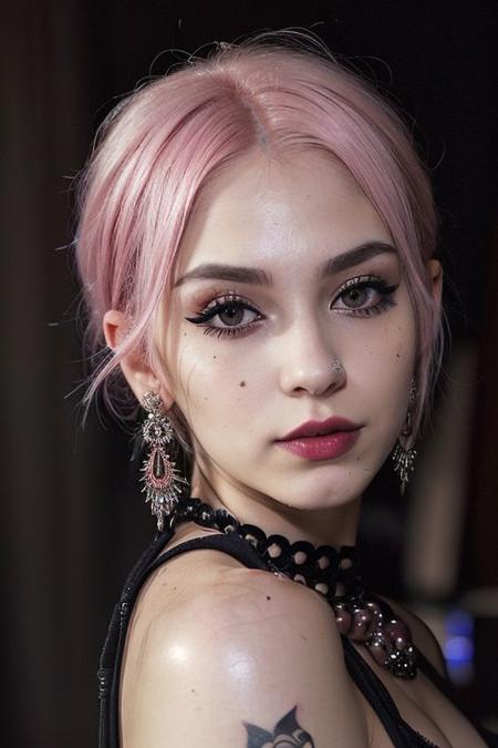(a cute girl, 22 years old, pale skin ,  pink hair ,skinny:1.1),(big boobs , small nipples, Colombian hipster girl, edgy vibe, dark, mascara, eyeliner, dark cheeks, expressive lips, Unique facial piercings, alluring necklace, stylish sexy streetwear, alluring thighs, aesthetic tattoos on her body, almond shaped eyes, Dimples, strong eyeliner eyes ,Defined jawline, skin pores )(best quality, high quality, photograph, hyperrealism, masterpiece, 8k:1.3), mestizo, burly, white shaggy hair, dark skin, smile, (low-key lighting, dramatic shadows and subtle highlights:1.1),(((in the middle of the photoshograph studio))) adding mystery and sensuality, trending on trending on artsy, concept art, (shot by helmut newton:1.1), rule of thirds, black and white, modern ,epiCRealism