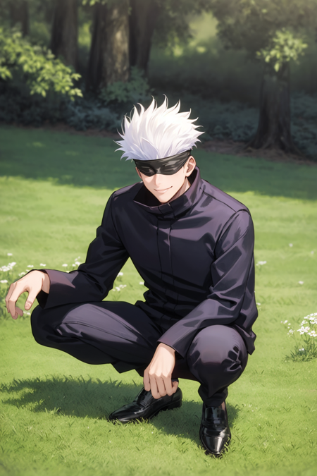 masterpiece, best quality, 1boy, gojou satoru, white hair, short hair, blindfold, black jacket, black pants, ,high collar, long sleeves, shoes, squatting, full body, smile, looking at viewer, solo, grass, blue sky, meadow background <lora:Gojo:1>