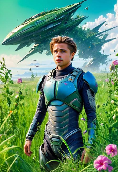 CoverArt, a beautiful gorgeous Young Brad Pitt as an Scifi RPG character in futuristic body armor, 
Break, 
as a background a huge spaceship (long abandoned) sunken into a rich green grassland, covered in plants, flowers, sharp focus, high detailed, realistic, day, colorful, blue sky, RPG Cover Art