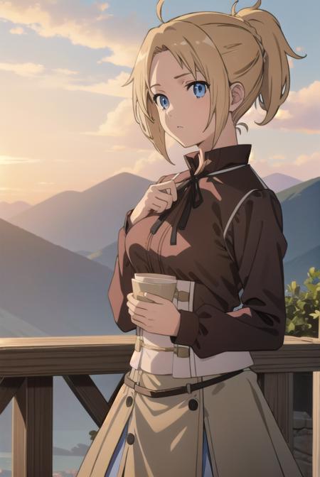 zenith greyrat, short hair, blonde hair, blue eyes, ponytail, ahoge, skirt, shirt, thighhighs, long sleeves, ribbon, boots, black thighhighs, thigh boots, brown shirt,