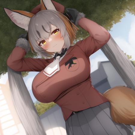 shimahai, 1girl, ((solo)), animal ears, virtual youtuber, short hair, fox girl, fox ears, fox tail, gray gloves, gray pleated skirt, white necktie, twintails, black undershirt, grey hair, orange hair, red blazer, white loafers, red beret, yellow eyes, microphone, long sleeves, fur trim, black belt, bangs, hair between eyes, orange legwear, two-tone hair, black hair ribbon, frilled skirt, sidelocks, breast pocket, detailed shading, detailed ambient light, detailed shading, detailed ambient light