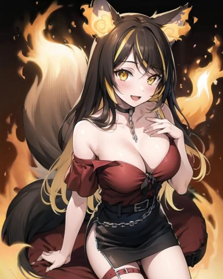 nsfw, best quality, sinder, 1girl, wolf girl, wolf ears, animal ears, bangs, bare shoulders, belt, black skirt, skirt slit, breasts, brown multicolored and streaked hair, chain, cleavage, collar, choker, collarbone, fiery ears, large breasts, long hair, looking at viewer, off-shoulder shirt, open mouth, pencil skirt, red shirt, shirt, sidelocks, skirt, smile, solo, streaked hair, swept bangs, thigh strap, thighs, yellow eyes, flames and embers, finely detailed background, amazing background