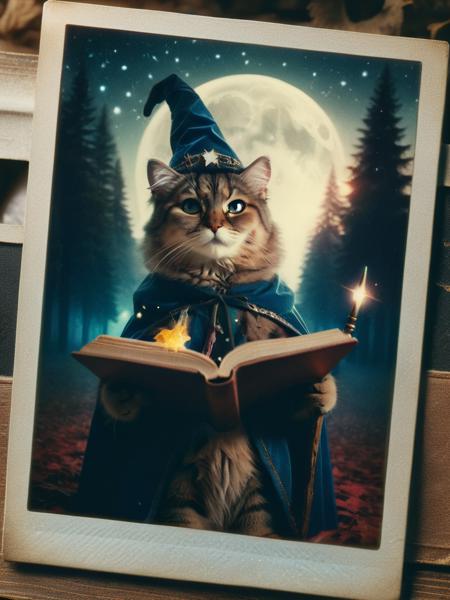 wizard cat, starry cloak, pointy hat, holding a magic wand, surrounded by floating spell books, mystical forest clearing, moonlit night <lora:ral-polaroid:1> ral-polaroid