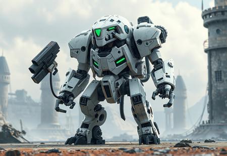 Analyze the image of the Barbaroid, the Ultimate Battle Machine, against the Meklord Fortress background. Identify its dominant color scheme (predominantly white with blue/green accents), mechanical features (camera head, gun-armed arms, engine at the back), and artistic style (4K resolution, Octane Render, Raphael/Houdini influence). Highlight the balance between its Max Metalmorph classification and collectible detail. Note the background's role in emphasizing the Barbaroid's isolation and the use of techniques like isometric perspective, dynamic lighting, and splash ink illustration. Ensure clarity, avoid repetition of "Barbaroid, the Ultimate Battle Machine," and structure your response with bullet points for key observations, technical specifications, and thematic significance. Keep the analysis focused on visual and stylistic elements, adhering to a medium-length output