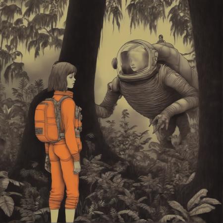 johnmortensen drawing of an Ultra realistic long shot of a female Astronaut in a Jungle with a big scary alien talking to her, photograph, broken helmet tangerine cold color palette, muted colors, detailed, 8k