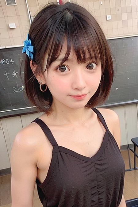 "1girl,long shot,RAW photography of realyami, brown hair,short hair,(best quality:1.4),masterpiece, earrings,(school uniform:1.4),school bag,torii, (detailed face:1.4), ((background is classroom:1.6)),(sfw:1.6),(looking at viewer:1.25), (sun lighting:1.2),(highly detailed skin:1.4),shiny skin, smile, blurry background,((half body:1.5)) <lora:realyami_v1.0:1>