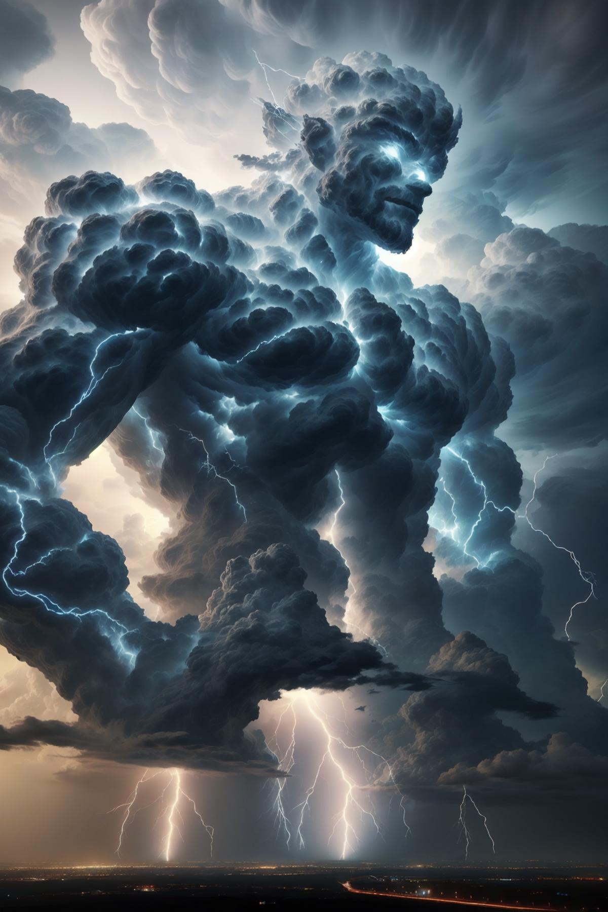 An illustrated image of a lightning bolt superhero with a beard and mustache, standing in the sky among dark clouds, ready to strike.