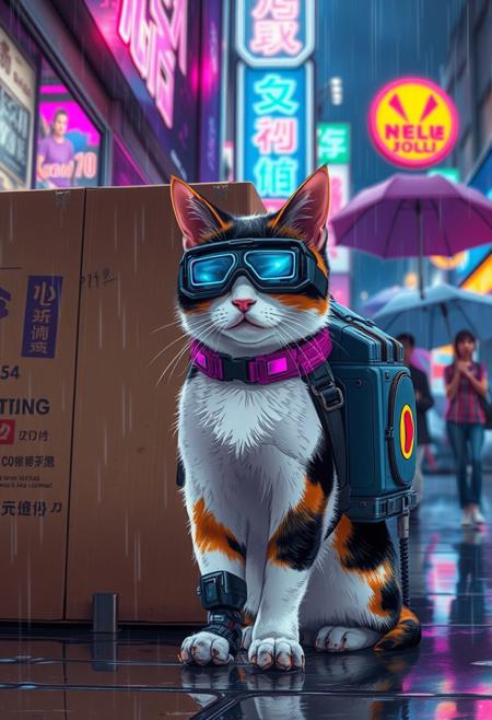 cyberpunk anime, common calico cat wearing a sci-fi future backpack, techno future googles, one mechanic leg with electric lighting, eye scar, an ear with a bite, some dirty, waiting under a cardboard box, raining, neon signs and advertising, bokeh, side lighting, water splashing, people walking  with umbrella