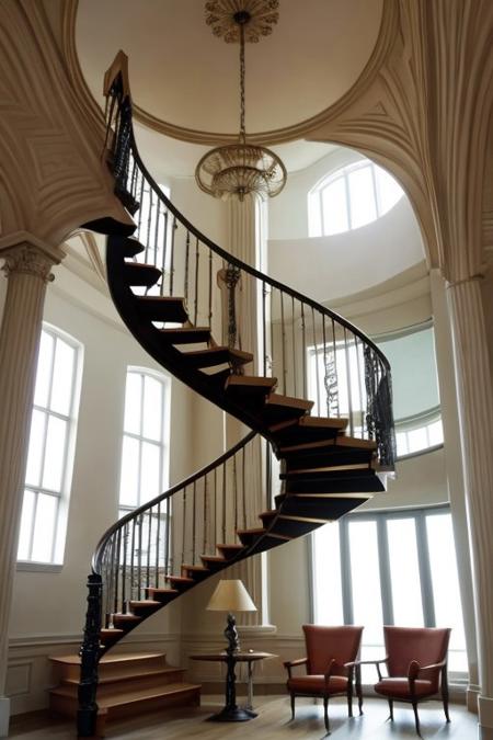 Interior of lobby that has s spiral stairs ,the lobby has light furniture ,neoclassic style