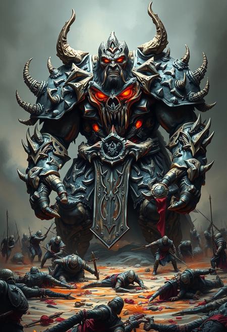A monstrous, hulking warlord with jagged, bone-plated armor, his eyes burning like embers as he towers over a battlefield littered with fallen warriors., abstract, sculpture, vibrant