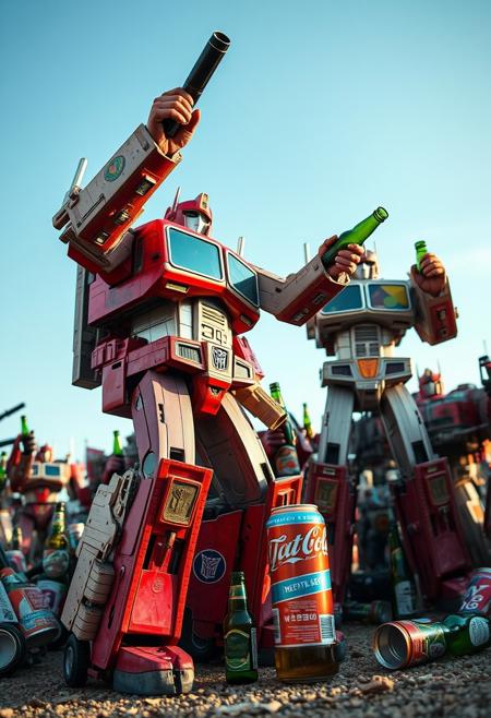 Drunk Transformers, very very drunk, empty beer cans and bottles, wasted.