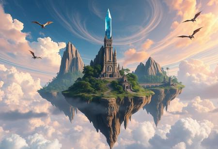 ((blue, orange, pink, sky)), clouds, swirling, 3 floating continent sized islands, the islands are floating high above the ocean, the islands are floating gracefully, crystals are floating in the sky around the islands, eastern dragons are flying between the islands,mountains on floating islands, massive forests on floating islands, jungle trees, vines, beautiful plants, ruins on floating islands, castle ruins, bridge ruins, tall spires on floating islands, crumbling spires, large crystals above spire, blue crystals , red crystals , floating crystals , crystals floating in sky, trees on floating, exposed earth underneath floating island, dragons flying in sky, dinosaurs on floating islands, jungle ruins, landscapes, eastern dragon, intricate details, background colourful, cloud streams, dynamic, vibrant colours, high quality, detailed, realistic, beautiful,