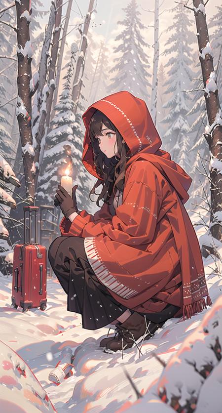 1girl, solo, snow, long hair, hood, fire, outdoors, brown hair, boots, snowing, from side, tree, suitcase, cloak, blurry, hood up, forest, gloves, nature, brown eyes, red gloves, squatting, closed mouth, hooded cloak, winter, depth of field, black footwear, red cloak
 <lora:snowlight-000007:1>