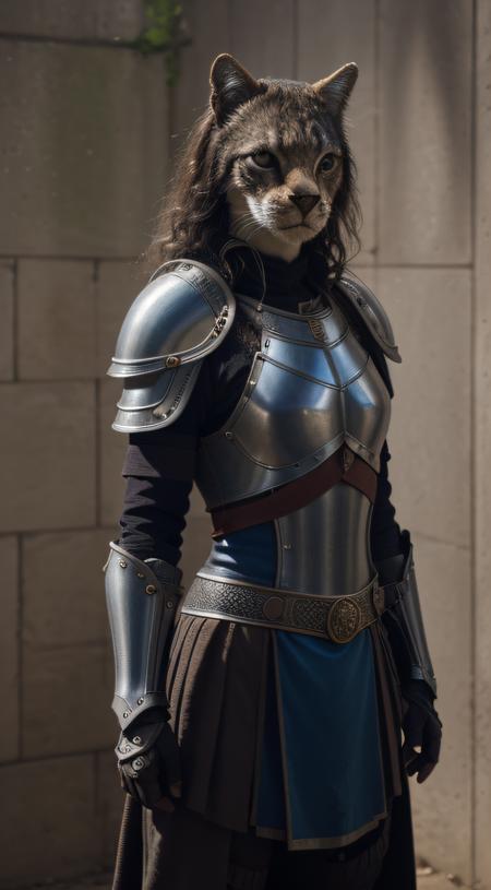 close-up, woman ((anthropomorphic,anthropomorphy, cat head, standing, knight, near a castle)), looking at viewer, wearing (cuirass, gorget, pauldron, couter, vambrace, gauntlets, cuisses, greaves, sabatons, poleyn, tasses, plackard, rerebrace, breastplace, faulds, scabbard, gardbrace, shoulder armor), HDR