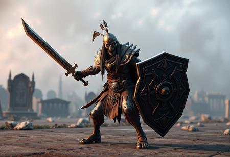 Protagonist Zombie Warrior from Thundarr the Barbarian, standing in a dynamic pose, wielding sword & shield, in hyper-detailed brown and gold attire, hyper-detailed face and eyes. on a gray surface, against a contrasting Cemetary Bomb backdrop. High-res 4K, Octane Render, Unreal Engine 5, CGSociety, trending on Artstation. Cinematic lighting, impeccable composition, creative angle, Golden Ratio, splash ink illustration, matte painting, vivid colors.