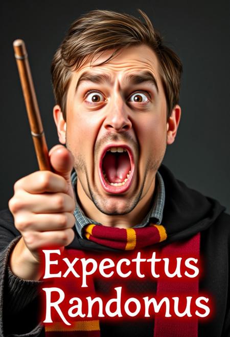 Candid photograph of a man with exaggerated facial expressions dressed as a harry potter student wizard. he is casting a spell with his wand in a dramatic gesture screaming the incantation. The text "Expectus Randomus" appears on screen in a font of magical light bolt. his face while realistic looks like a Japanese chi-bi caricature his mouth opened in a tightly lipped O, his lips plum, his eyes looking up his eyes in a crescent moon shape the bottom like manga characters are when content with themselves, eyebrows raised, giving him the allure of a dim person, of low intelligence and even a little dumb, simply put, he looks like an idiot cartoon character. The lights and shadows from the spell accentuate his facial lines.