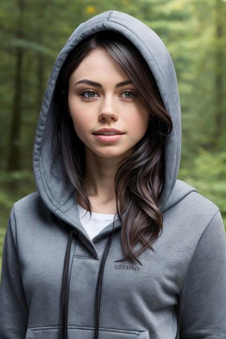 portrait of S280_LucieCline,a gorgeous woman,in a (forest:1.1),wearing a (hoodie:1.1),(4k, RAW photo, best quality, depth of field, ultra high res:1.1),(absurdres, intricate, photorealistic, masterpiece, ultra-detailed:1.1),