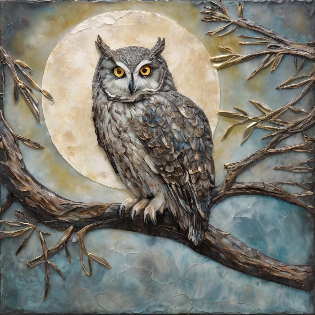 Encaustic: A textured encaustic painting of an owl perched on a moonlit branch, its feathers glowing with a soft, ethereal light.